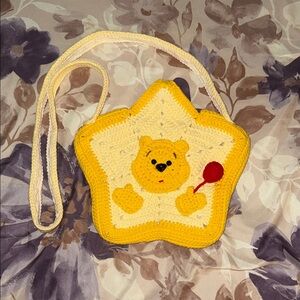 Star-Shaped Crochet Crossbody with Bear Face - Yellow & Cream